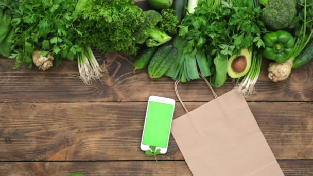 Zöld Zöldségek Fűszernövények Háttér Felülnézetből — Stock videók