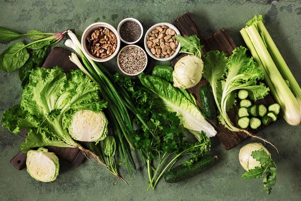 Zdraví Vegan Potravin Koncept Zeleniny Ořechů Semen Obilovin Top View — Stock fotografie