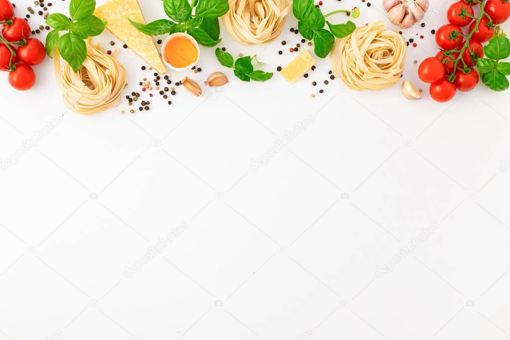 Iettuccine with ingredients for cooking Italian pasta on white background, top view