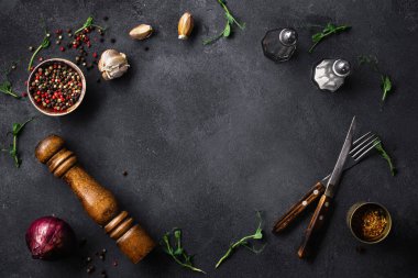 Menü arkaplan üstü görünümü. Baharat ve sebze çerçevesi