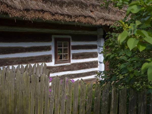 Ein Altes Holzhaus Weißen Streifen Umgeben Von Bäumen Und Sträuchern — Stockfoto