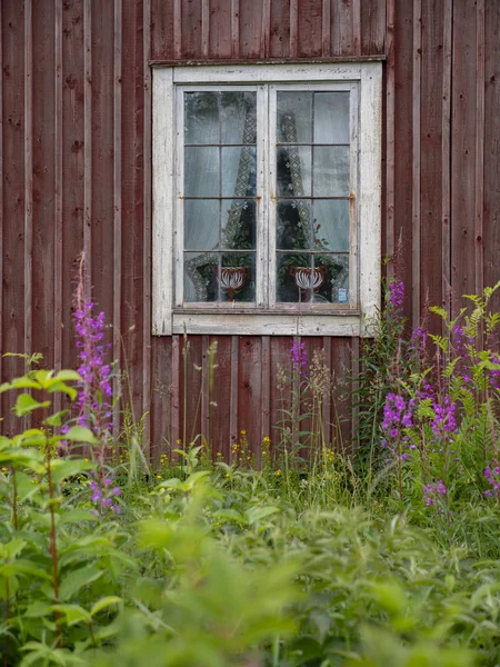 Single window and the garden of the Forsa decorated farmhouse in Frano, Halsingland, Sweden in the summer 2018