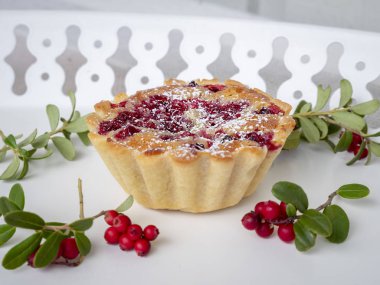 İsveç kirazı twigs kırmızı meyveler ile çevrili beyaz bir tepsi üzerinde Çıtır çerez İsveç kirazı (Vaccinium vitis-idaea)