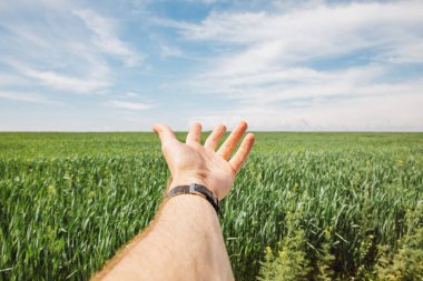white man points his hand to a green field and a blue sky with clouds clipart