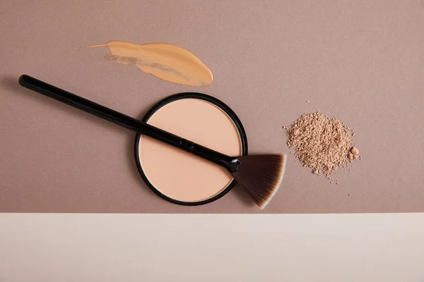 Powder Professional Face Makeup Brush Beige Background Close View Beauty — Stock Photo, Image