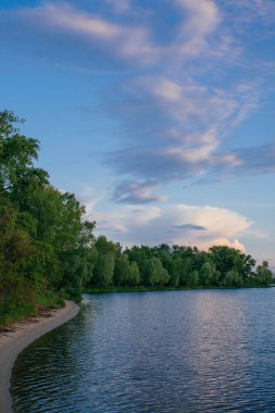 Göl kıyısındaki yeşil ormanın manzarası dalgalı su yüzeyine yansıyan gökyüzü. 