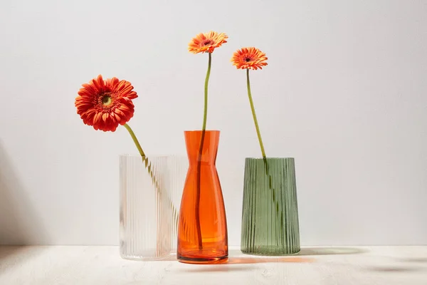 Jarrones Vidrio Con Flores Gerberas Superficie Madera Sala Luz Vista — Foto de Stock