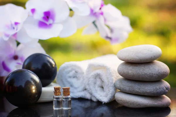 Spa Jardim Conjunto Bolas Biológicas Toalhas Óleo Aromático Lado Flores — Fotografia de Stock