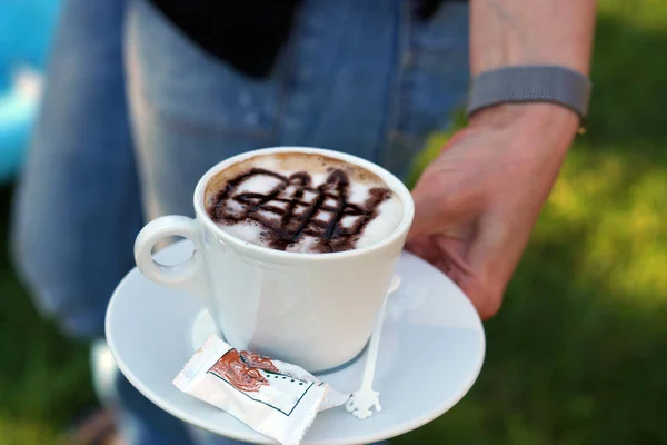 Woman Holding Mug Coffee Decorated Mesh — Stock Photo, Image