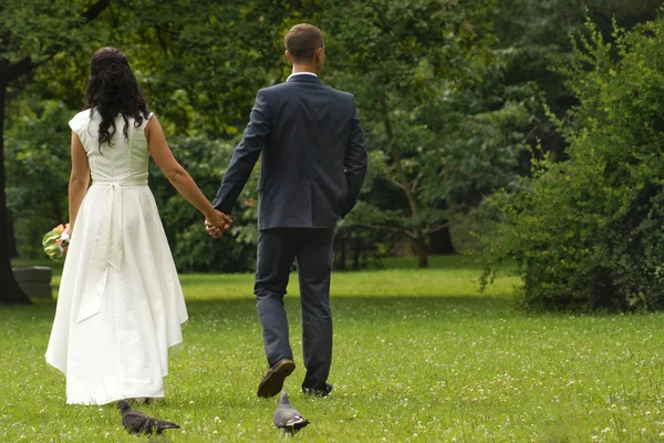 Two Newlyweds Walking Park Holding Hands — Stock Photo, Image