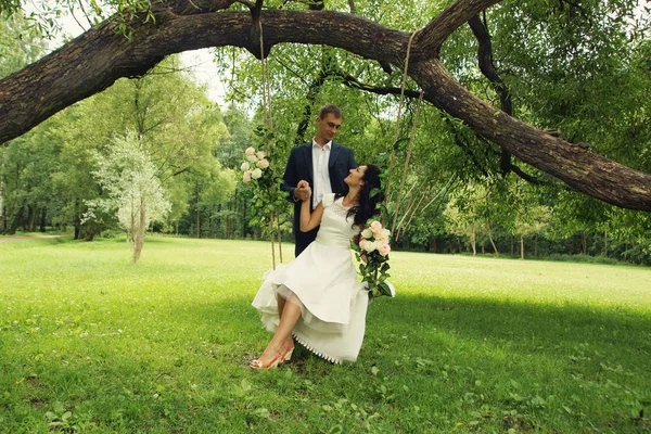 Beautiful Swings Suspended Park Tree Newlyweds Sitting Them — Stock Photo, Image