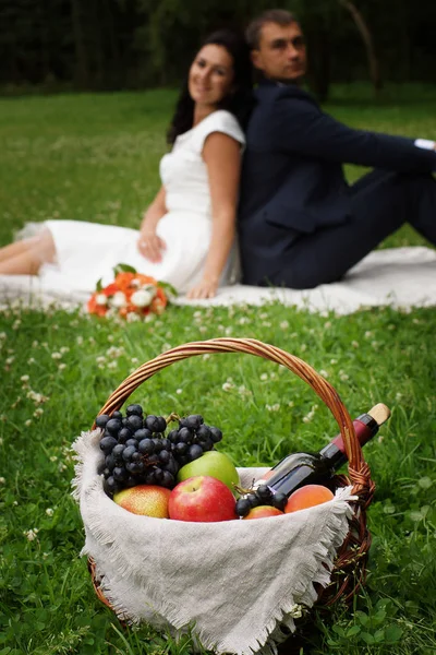 Panier Avec Des Produits Pour Pique Nique Sur Clairière Loin — Photo