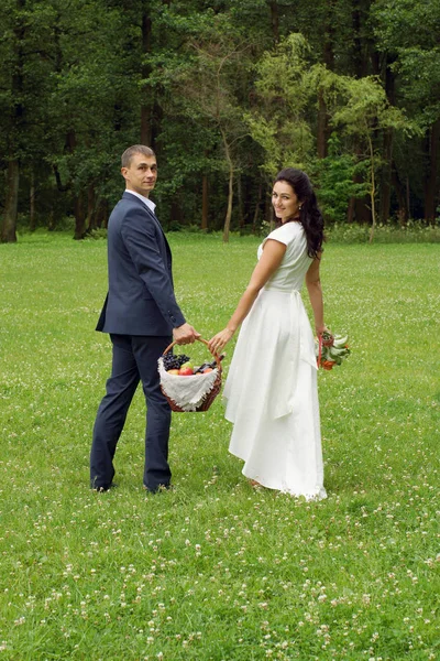Couple Newlyweds Walking Meadow Picnic Basket — Stock Photo, Image