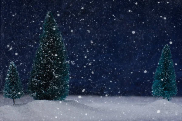 Noel Kartı Ile Gece Kış Ormanda Kar — Stok fotoğraf