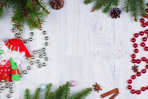 Cadre Nouvel Avec Jouet Père Noël Perles Brillantes Décorées Branches — Photo