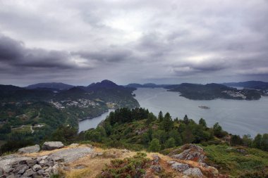 Norveç'e yolculuk, temiz bir yerde yürüyüş için orman yolu, yokuş yukarı gidiyor