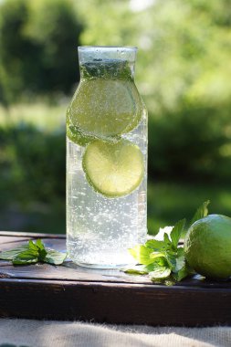 Ev yapımı mojito yaz aylarında bahçede şeffaf bir şişe duruyor