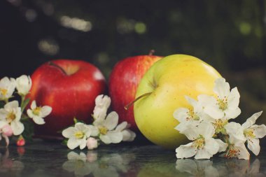 Masada kırmızı ve sarı elmalar ve narin beyaz çiçeklerle natürmort