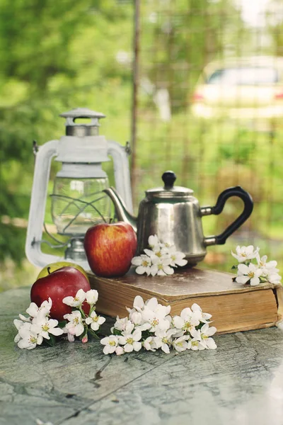 Naturaleza muerta con manzanas, una tetera y flores delicadas sobre la mesa en un día de primavera — Foto de Stock