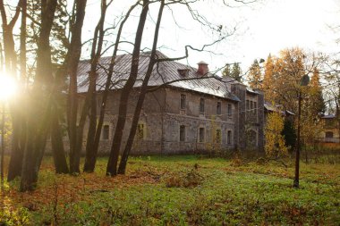 Eski taş ev güneşli bir günde sonbahar parkta duruyor