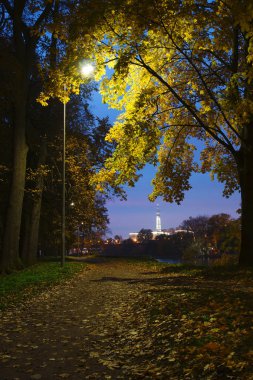 Alacakaranlıkta fenerler tarafından aydınlatılan sonbahar parkında akşam yürüyüşü