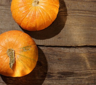 Tahta bir masada iki balkabağı yatıyor..