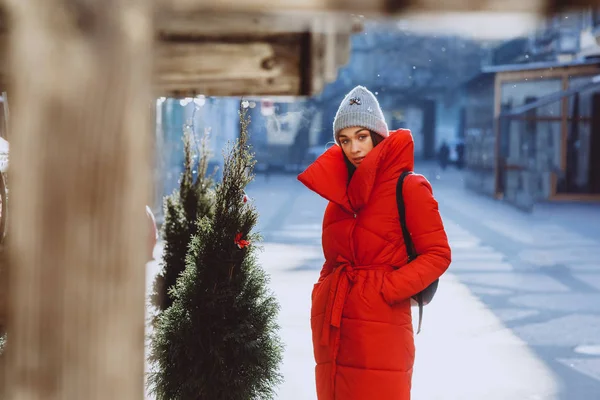 Lifestyle Fashion Portrait Pretty Young Woman Red Jacket Grey Knitted — Stock Photo, Image