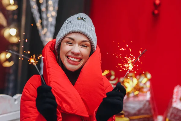 Pretty Happy Woman Smile Hold Bengal Lights Which Sparkle Hands — Stock Photo, Image