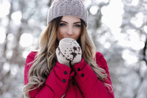 户外近距离画像的年轻美丽女孩温暖的手 女孩穿着温暖的冬衣 帽子在冬天的森林里摆姿势 圣诞节 寒假的概念 图片仅供参考 — 图库照片