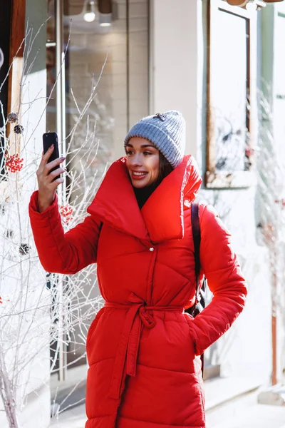 Pretty Woman Red Jacket Knitted Hat Take Self Portrait Her — Stock Photo, Image