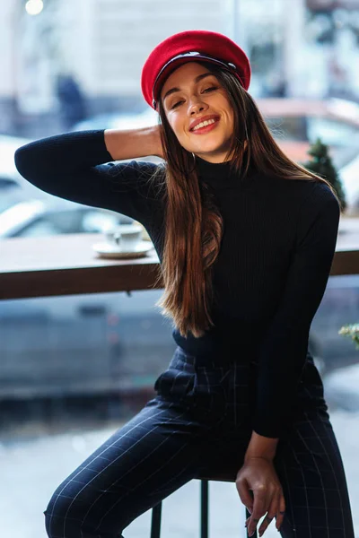 Portrait Cheerful Woman Red Cap Sitting Chair Cafe Looking Camera — Stock Photo, Image