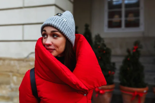 Street Portrait Woman Street Christmas Trees Sale Place Copy Space — Stock Photo, Image