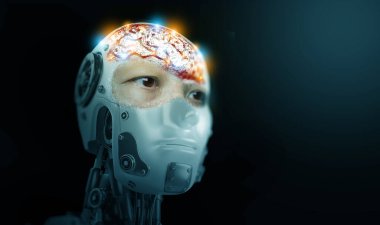 İnsansı yapay zeka robotu insan duygularını ve kimliğini dijital zekayla birleştirerek AGI 'yi, öz farkındalığı, bilinci ve insan-robot etkileşiminin felsefi geleceğini sembolize eder..