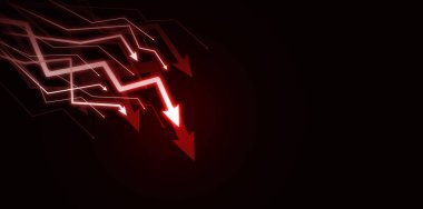 Düşüşü, başarısızlığı, hisse senedi çöküşünü, enflasyonu veya finans, yatırım ve ekonomik risk analizi için durgunluk kavramını temsil eden kırmızı ışıktaki soyut dijital düşen oklar.