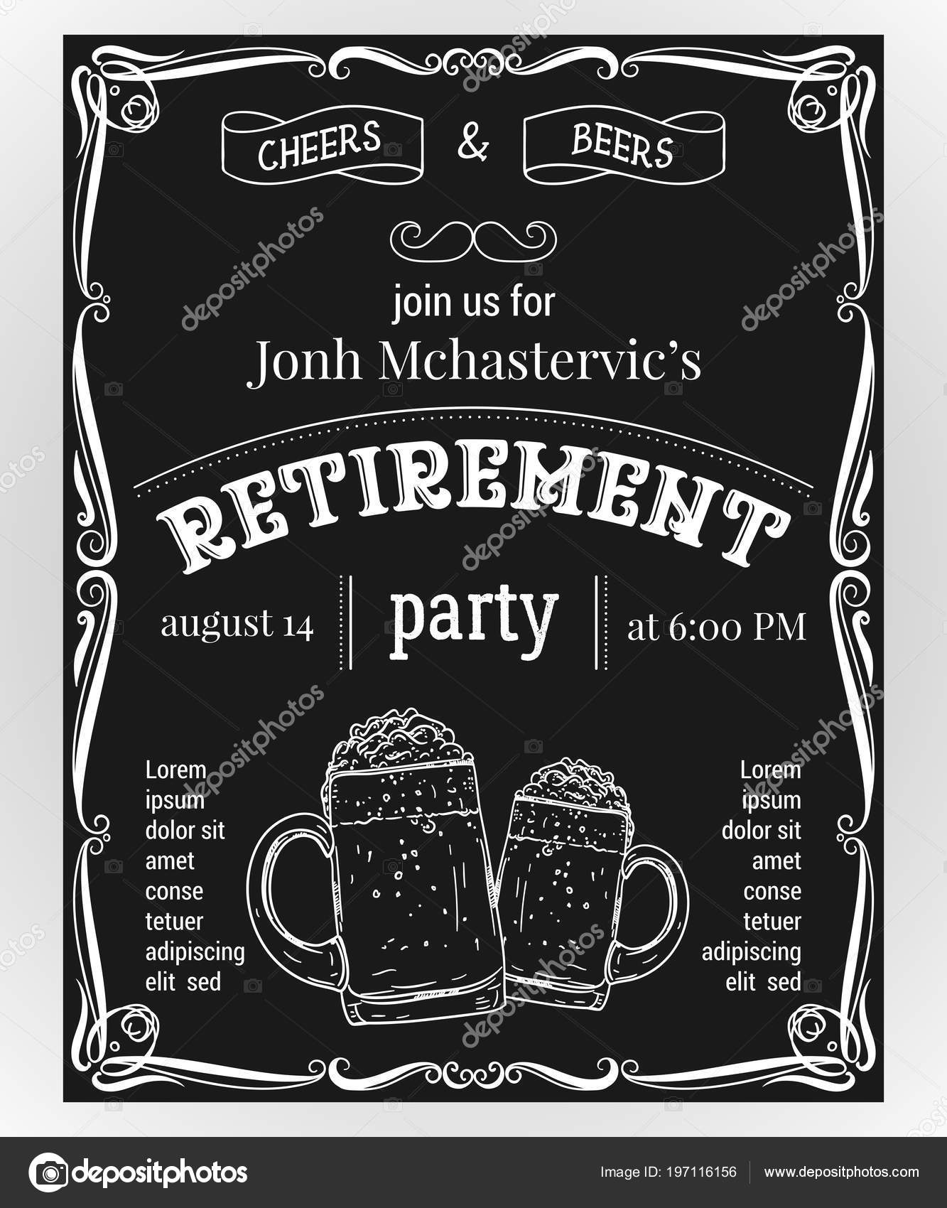 Retirement Party Invitation Design Template Glasses Beer Vintage Within Retirement Party Flyer Template