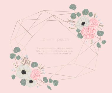 Suluboya tarzında çiçek elemanları ile gül altın Çokgen çerçeve. Pembe kamelya, beyaz anemon çiçeği çiçek ve okaliptüs. Tasarım şablonu için davetiye, tebrik kartı, yazdırın. Vektör çizim