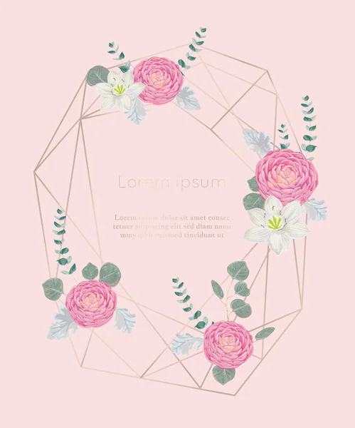 Cadre Polygonal Rose Avec Des Éléments Floraux Dans Style Aquarelle — Image vectorielle