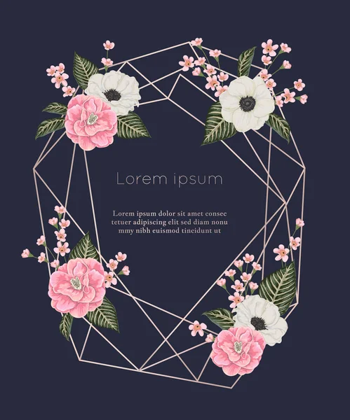 Trandafir Aur Cadru Poligonal Elemente Florale Stil Acuarelă Camelii Roz — Vector de stoc