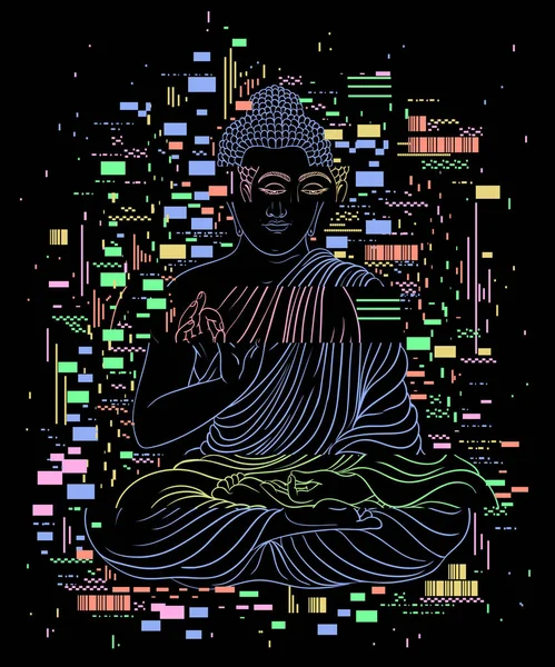 Glitch Tetoválás Buddha Pixel Zaj Portréja Koncepció Kialakítása Banner Kártya — Stock Vector