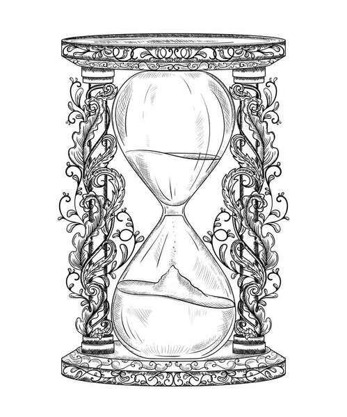 Vintage hourglass with floral ornament. Engraved style. Isolated object. Design template for print, poster, tattoo, t-shirt. Black and white vector illustration 