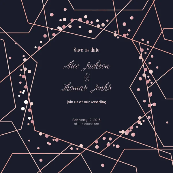 Marco Poligonal Oro Rosa Con Confeti Plantilla Diseño Para Invitación — Archivo Imágenes Vectoriales