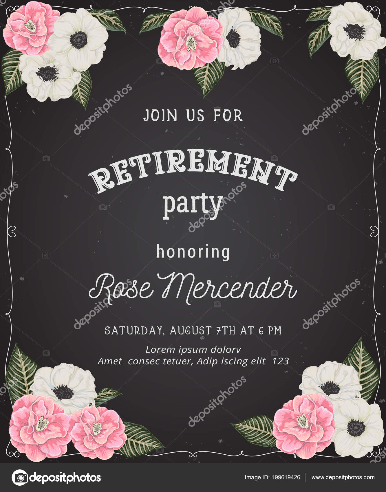 Einladung Zur Rentnerparty Design Vorlage Mit Rosa Kamelien Weißen Within Retirement Flyer Template