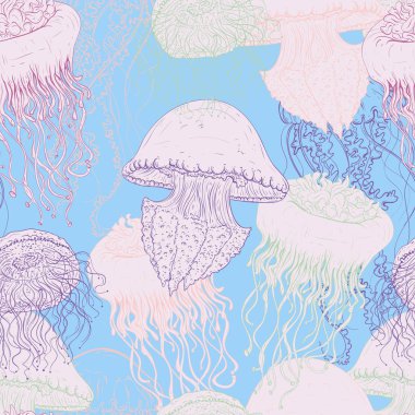 Denizanası koleksiyonu ile Seamless modeli. Deniz fauna pastel renklerde. Konsept tasarımı için yazdırma, afiş, davetiye, kumaş. Vektör çizim 