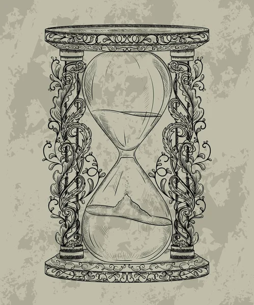 Vintage Timglas Med Blommig Prydnad Graverade Stil Isolerade Objekt Utforma — Stock vektor