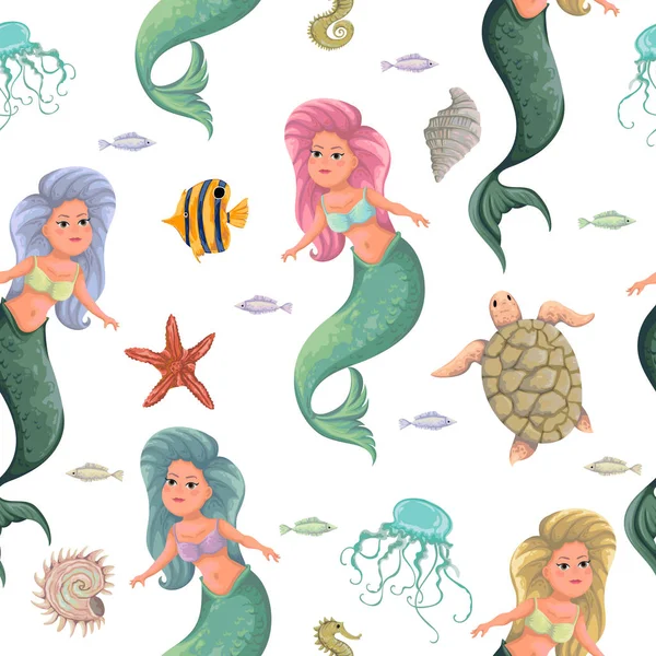 与美人鱼和海洋动物无缝模式 卡通海洋动物的水彩风格 矢量插图 — 图库矢量图片