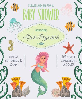Baby shower invitation with mermaid, marine plants and animals. Cartoon sea flora and fauna in watercolor style. Vector illustration 
