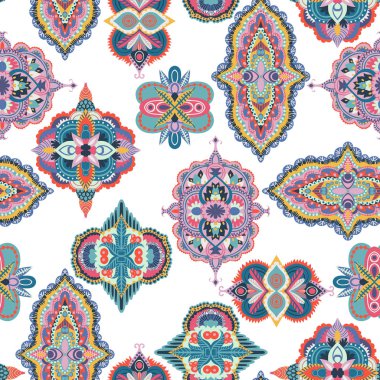 Dikişsiz desen desenli. Renkli çiçek süsleme. Oryantal tasarımı için kumaş, baskı, Ambalaj Kağıt, kart, davet, duvar kağıdı. Vektör çizim