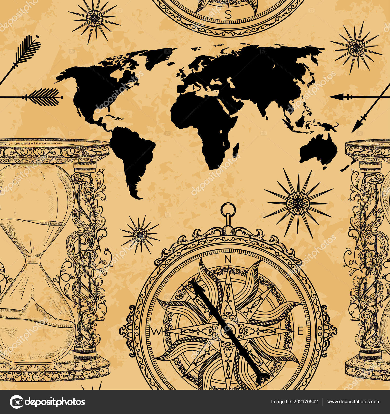Patrón Sin Costuras Con Reloj Arena Vintage Brújula Mapa Del