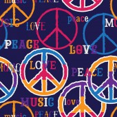 Hippie-Friedenssymbol. Frieden, Liebe, Musikzeichen. bunter Hintergrund. Designkonzept für Banner, Karte, Schrottbuchung, T-Shirt, Druck, Poster. Vektorillustration 