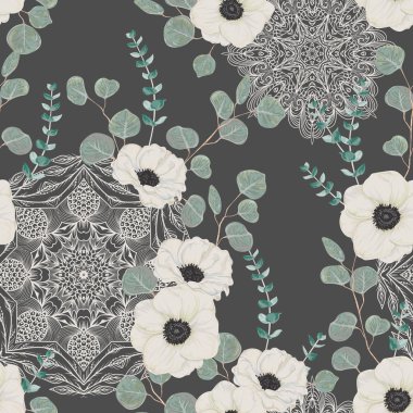Beyaz anemone, okaliptüs ve süslü mandala ile Seamless modeli. Dantel süs çiçek arka plan. Vektör çizim suluboya tarzında